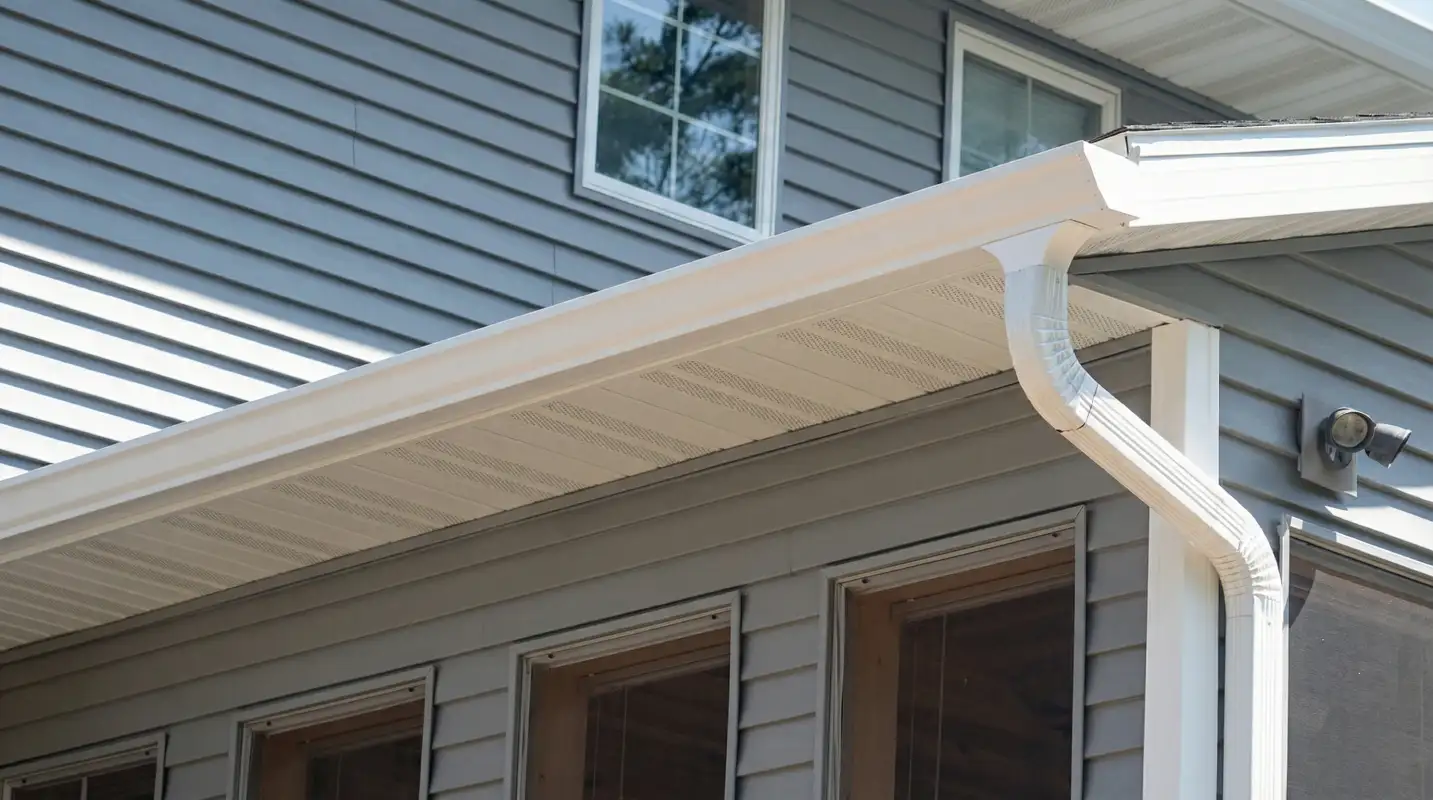 Professional home remodeling project showing newly installed white seamless gutters and downspouts on a house with gray siding in Myrtle Beach, SC