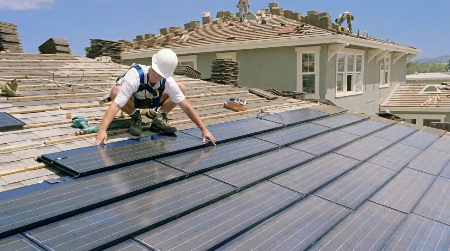 Roof replacement expert installing modern solar shingles on a residential home in Myrtle Beach, SC