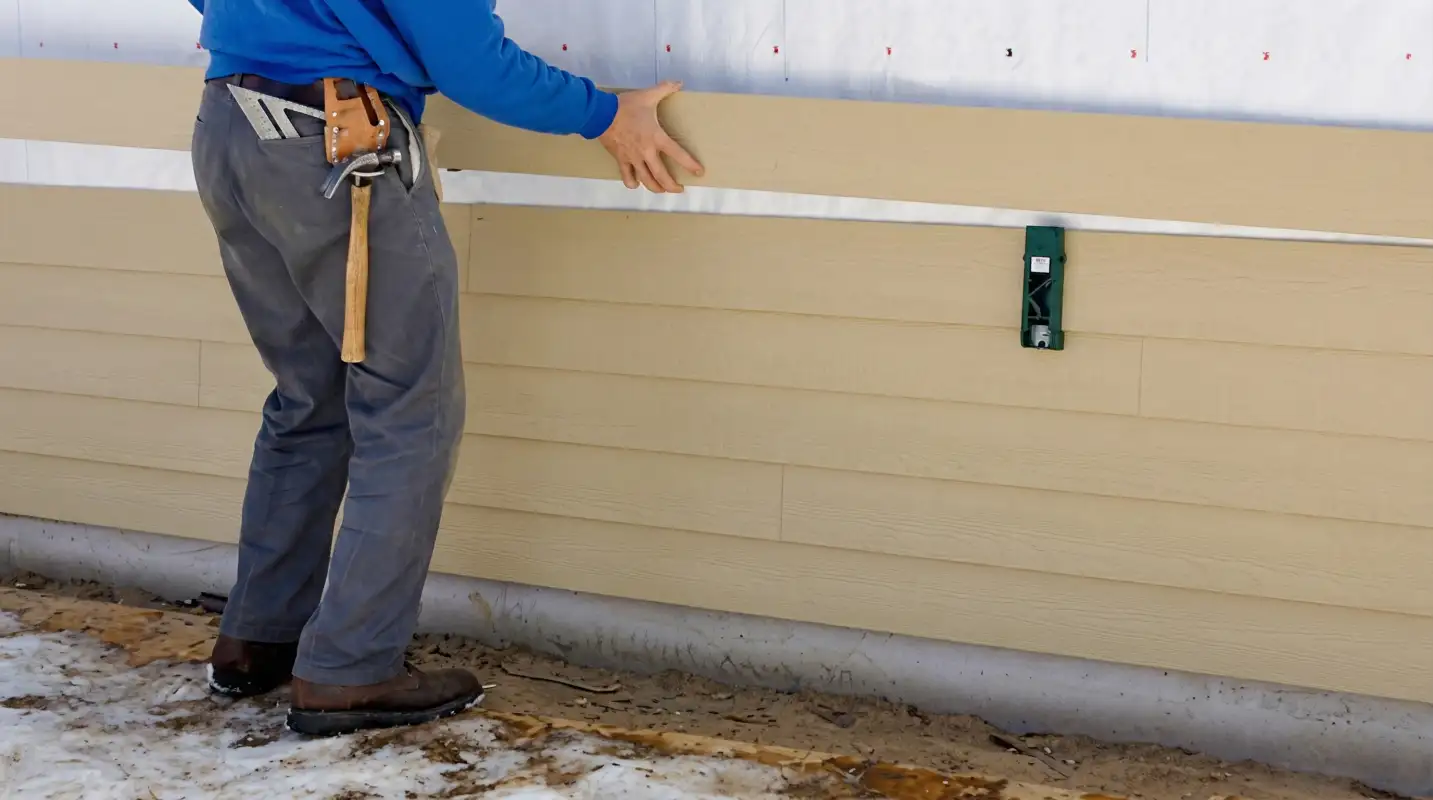Siding replacement expert carefully aligning a new tan siding panel onto a residential exterior wall in Myrtle Beach, SC