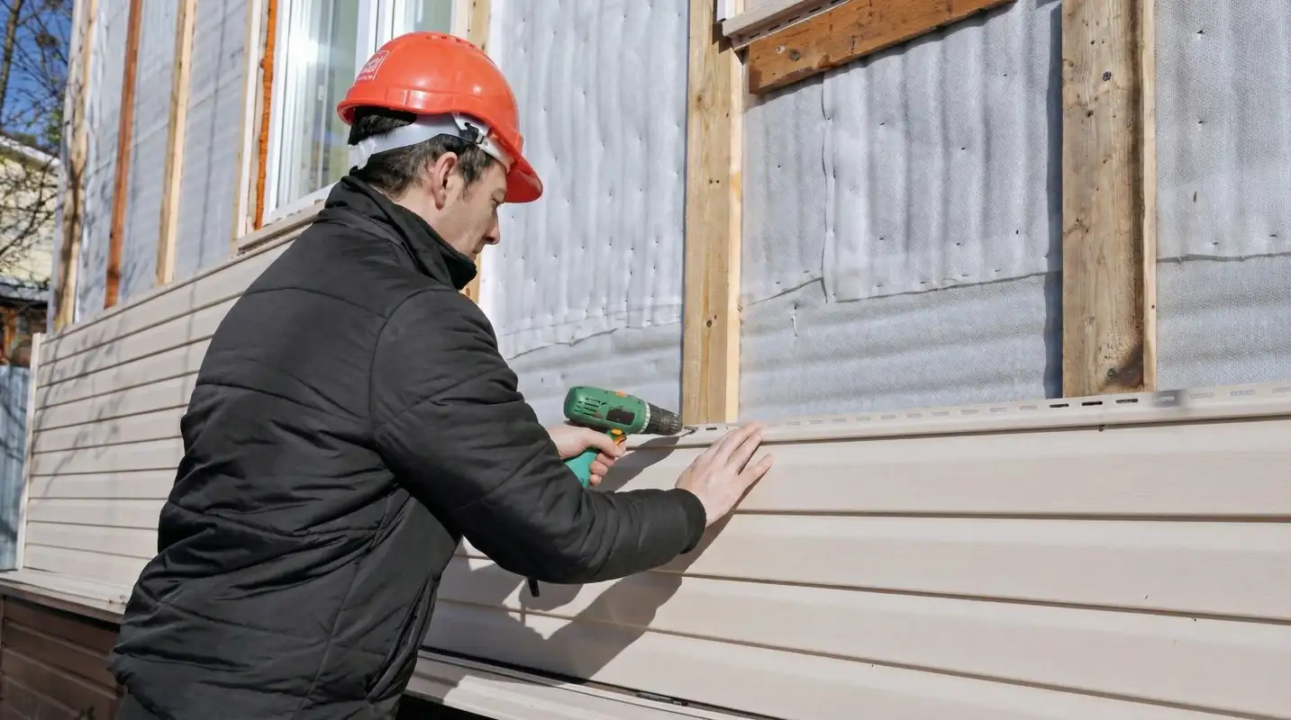 Siding replacement professional using a power drill to install new tan vinyl siding on a home exterior in Myrtle Beach, SC