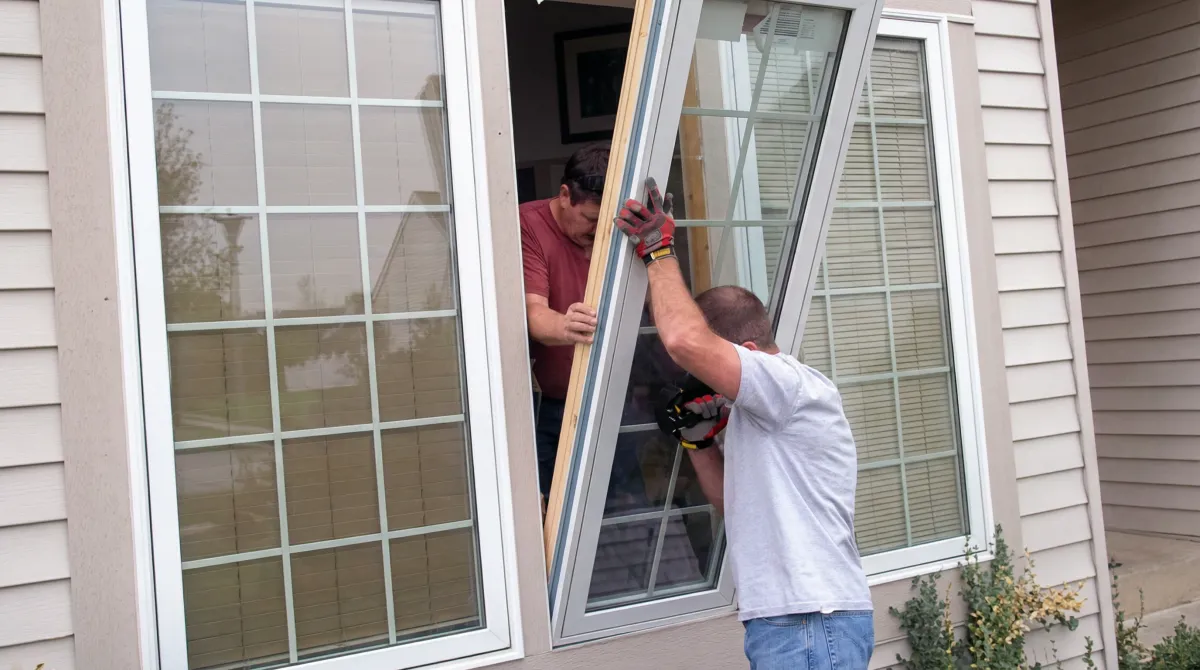 Professional home remodeling team installing a large replacement window on a house with tan siding in Myrtle Beach, SC