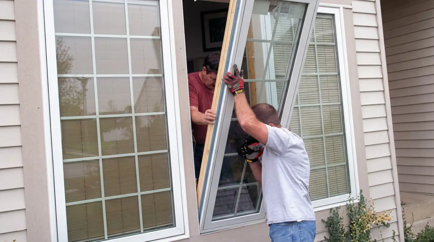 Professional home remodeling team installing a large replacement window on a house with tan siding in Myrtle Beach, SC